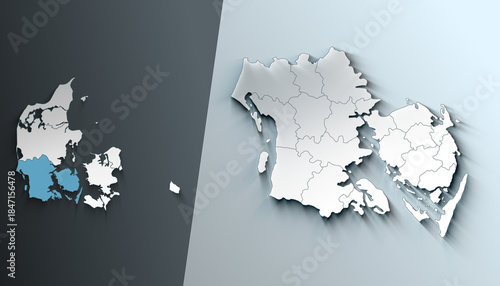 Minimalist 3D Map of Syddanmark Denmark Region with Borders