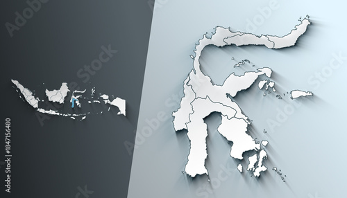 Minimalist 3D Map of Sulawesi Indonesia Region with Borders