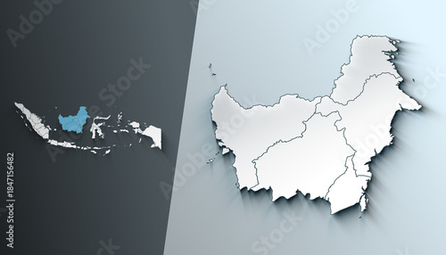 Minimalist 3D Map of Kalimantan Indonesia Region with Borders