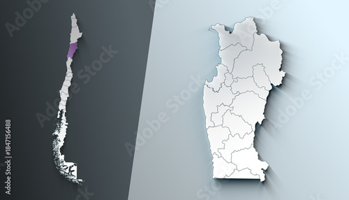 Minimalist 3D Map of Coquimbo Chile Region with Borders