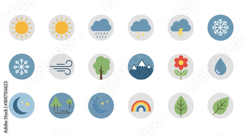 Colorful set of weather and nature flat icons including sun, clouds, rain, snow, wind, tree, mountain, water, moon, rainbow, and flower on an isolated white background.
