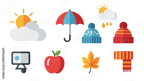 Colorful collection of weather and autumn season flat icons including sun, clouds, rain, umbrella, winter hat, scarf, monitor, apple, and maple leaf, on an isolated white background.