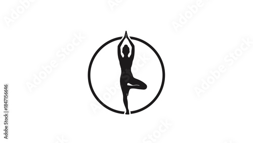 Black Silhouette of Person in Yoga Tree Pose Practicing Balance, in a clean white circle, isolated white background.