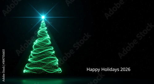 Glowing green particle Christmas tree with star on black starry background. It symbolizes festive season, celebration and upcoming Happy Holidays 2026