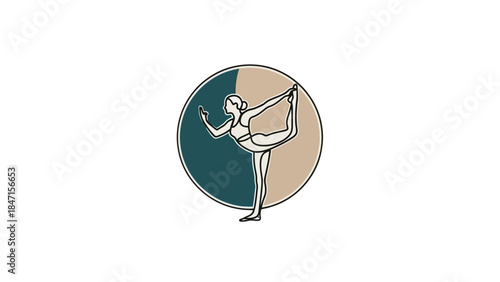 Minimalist Illustration of Woman in Yoga Dancer Pose, in a balanced teal and beige circle, isolated white background.