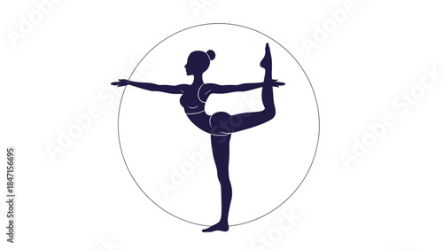 Graceful Woman Silhouette in Yoga Dancer Pose (Natarajasana) within a Circle, isolated white background.