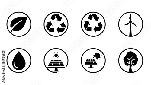 Eco-Conscious Icons: A collection of clean, monochrome icons representing key elements of environmental sustainability and eco-friendly practices, including leaf, recycling symbol, wind turbine.