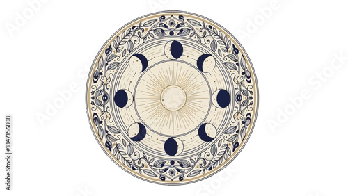 Celestial Wheel: A captivating illustration of a celestial wheel, adorned with moon phases, showcasing the intricate dance of the cosmos and the mysteries of the night sky.