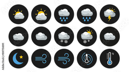 Weather Icons Set: A comprehensive collection of meticulously designed weather icons, each conveying a distinct atmospheric condition, ranging from sunny skies to stormy clouds.