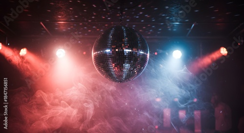 Vibrant Disco Ball with Red and Blue Lights and Smoke in Nightclub Atmosphere