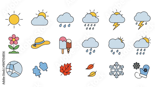 Weather Icons: A vibrant collection of weather icons, representing various climatic conditions, from sunny skies to stormy clouds, each symbol a miniature depiction of meteorological phenomena.