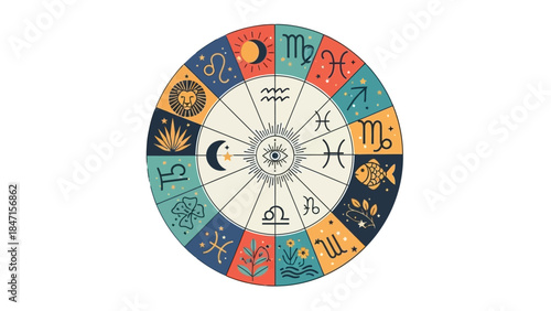 Celestial Zodiac Wheel: a richly illustrated zodiac wheel, featuring symbolic zodiac signs and celestial bodies, ideal for astrology and cosmic themes.