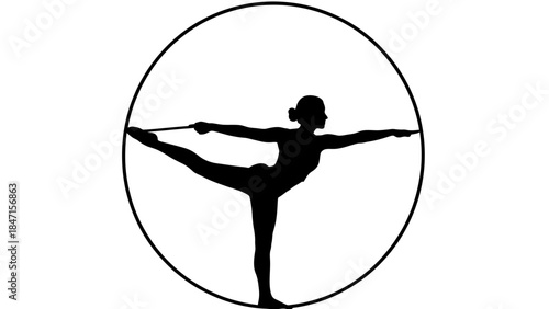 Graceful Yoga Pose in Silhouette: A poised silhouette embodies the serenity of yoga, framed within a minimalist circle, demonstrating balance, flexibility, and inner peace. 