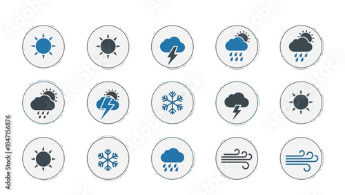 Weather Icons: Set of circular weather icons, each depicting a different meteorological condition. Includes sun, rain, cloud, snow, wind and lightning. 