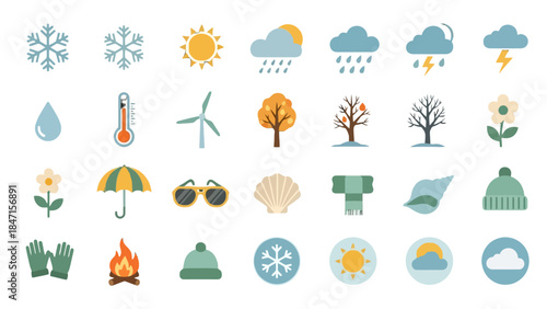 Weather Icons: A vibrant assortment of weather icons, offering a comprehensive visual guide to different climatic conditions, perfect for illustrating weather reports, forecasts.