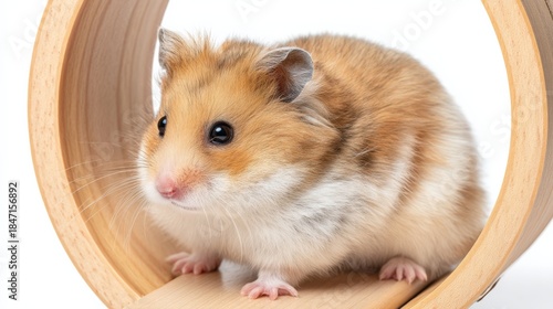 Golden syrian hamster sitting inside a wooden tunnel, an adorable and playful atmosphere for pet lovers and veterinarian or pet store