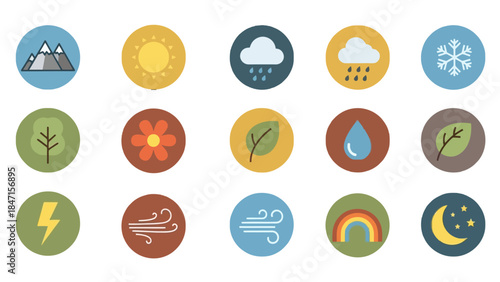 Weather Icons Set: A collection of vibrant icons represents diverse weather elements, perfect for illustrating climatic conditions and forecasting information.