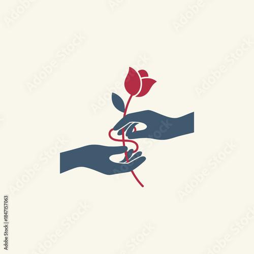 Two hands exchanging a single flower stem forms a gentle S minimal vector illustration