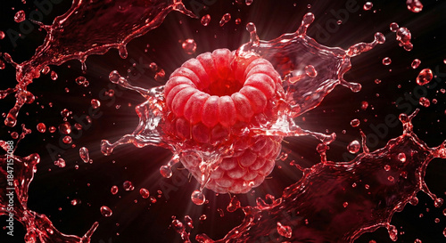 A vibrant raspberry bursting with juice and energy captured in a dynamic splash