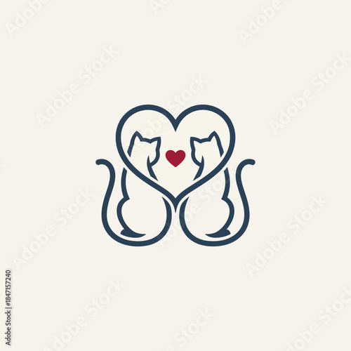 Two cats sitting with tails forming a heart lineart bold outline vector illustration