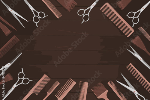 Hairdressing Tools Frame on Dark Wooden Background