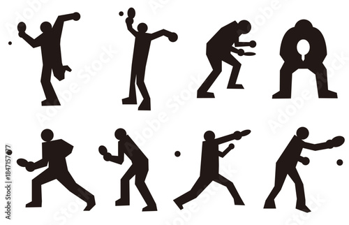スポーツ、競技の卓球の動き、姿勢、ポーズをシルエットのイラストでデザインした黒色のアイコン素材セット
