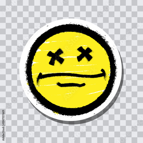 Graffiti emoticon. Smiling face painted spray paint on transparent background sticker. Vector illustration