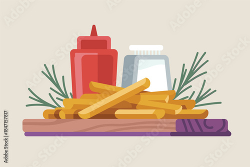 Crispy French Fries with Ketchup and Salt Shaker