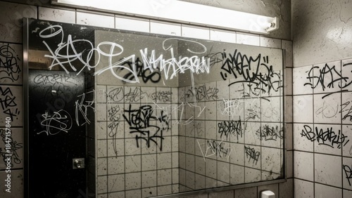 A dirty public bathroom mirror covered in graffiti tags. Urban vandalism and decay in a grungy restroom. Gritty street art background
