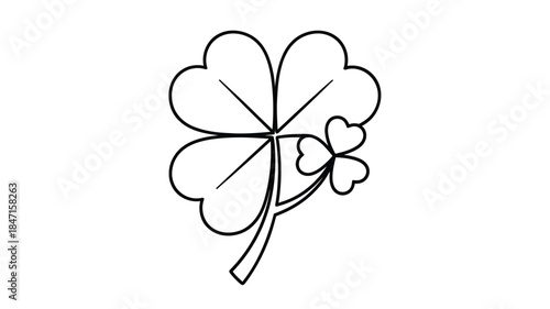 A simple black and white line drawing depicts a four leaf clover with delicate details