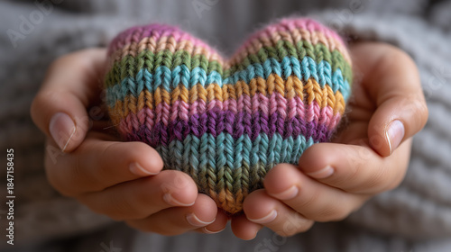 Wallpaper Mural A person gently cradles a colorful knitted heart, showcasing a blend of vibrant hues and the warmth of handmade craftsmanship. Torontodigital.ca