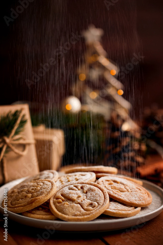 Christmas butter cookies with cinnamon and powdered sugar.
