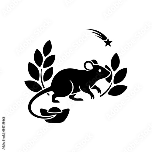 Lunar New Year zodiac rat silhouette top down flat view mid step vector illustration
