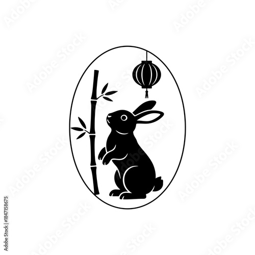 Lunar New Year zodiac rabbit silhouette three quarter close reaching upward curiosity hanging vector illustration