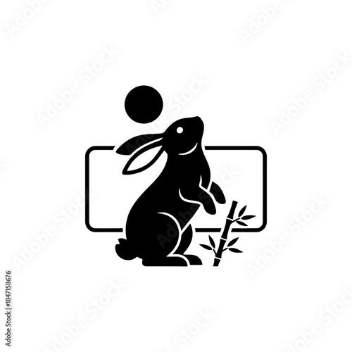 Lunar New Year zodiac rabbit silhouette three quarter close reaching upward curiosity round vector illustration