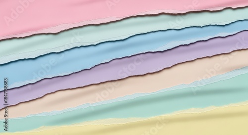A beautiful, abstract flat lay background featuring multiple layers of paper in soft pastel shades like mint, lavender, pale pink, and lemon