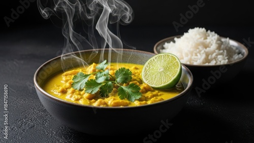 Fototapeta Naklejka Na Ścianę i Meble -  Steaming hot yellow chicken curry in a dark bowl. Traditional Asian dish with rice, lime, and cilantro on a black background