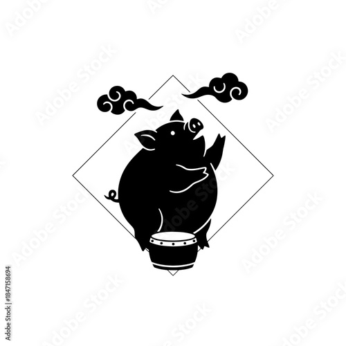 Lunar New Year zodiac pig silhouette three quarter close reaching upward curiosity two vector illustration