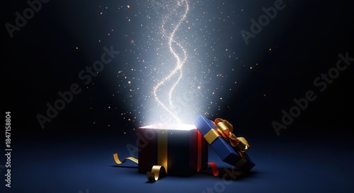 Magical gift box emitting light and sparkles in dark setting  
