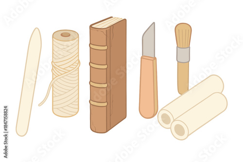 Book Restoration Tools. Isometric vector illustration set Book restoration toolkit: bone folder, linen thread, aged spine,