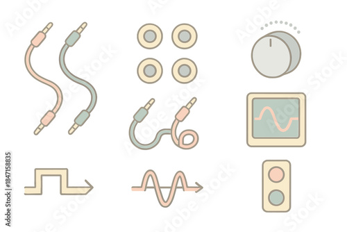 Modular Synth Connections. Isometric vector illustration set Modular synth connections: patch cables, input jacks, control knobs,