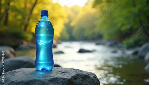 Bottle of water on rock near river in forest during daytime  