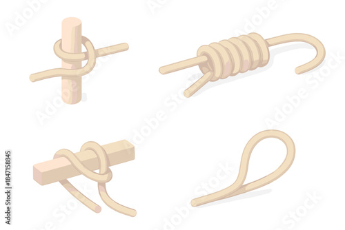 Rope Knot Illustrations. Isometric vector illustration set Survival rope studies: clove hitch start, wrapping strand pattern,