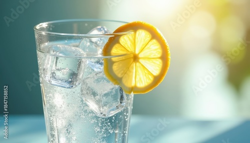 Refreshing glass of sparkling water with lemon slice and ice cubes  