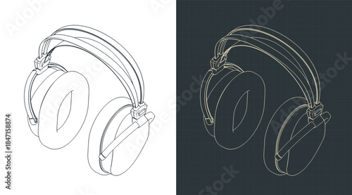 Audiophile wireless headphones isometric drawings