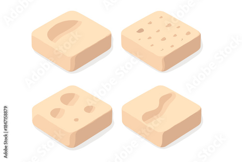 Granular Relief Icons. Isometric vector illustration set Granular relief design: smooth imprints, fine surface scatter, rounded