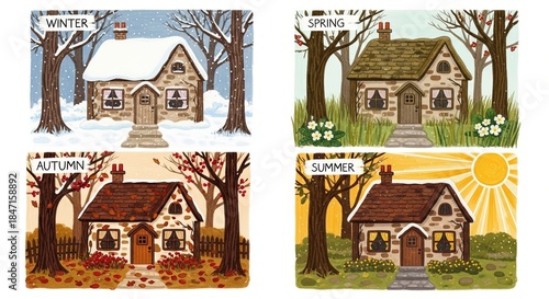 Seasonal cottage illustrations depicting winter, spring, summer, autumn  