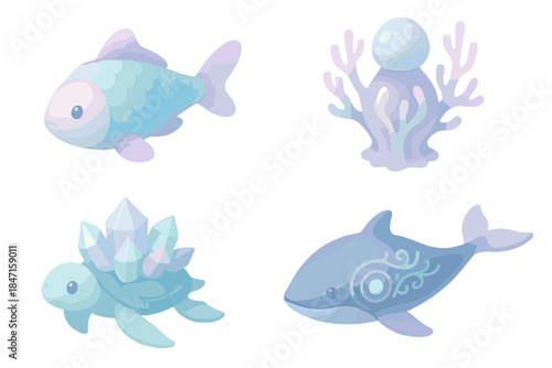 Oceanic Crystal Harmony. Isometric vector illustration set Submarine crystal fauna: bioluminescent scales, holographic coral limbs