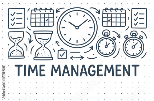 Effective time management concepts with clocks and checklists