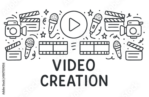 Hand-drawn video creation elements featuring cameras and microphones